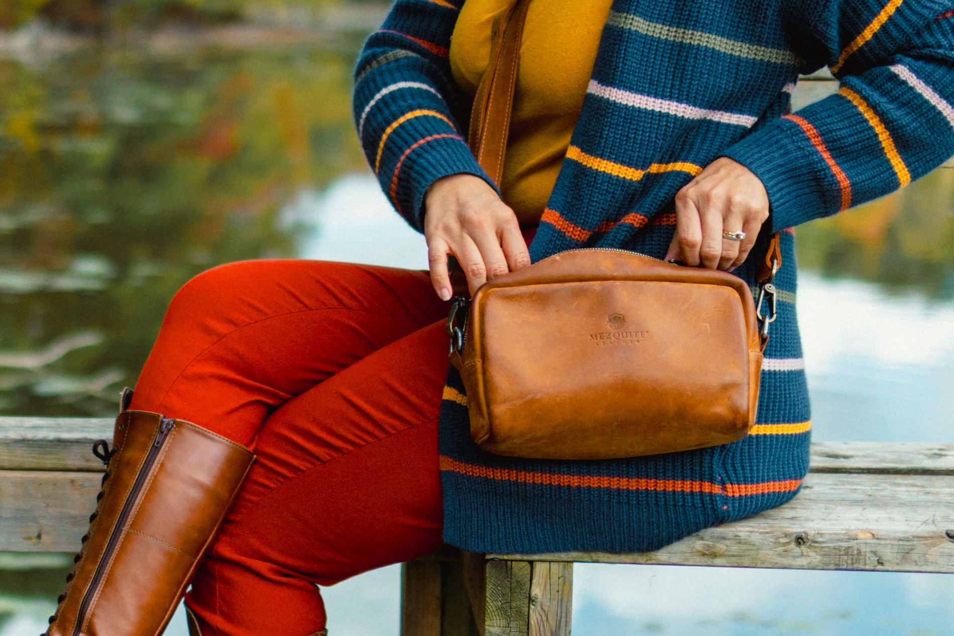 Handmade genuine leather crossbody bag by Mezquite Leather, sustainable mini bag crafted in Mexico and Canada, featuring timeless design and natural patina.