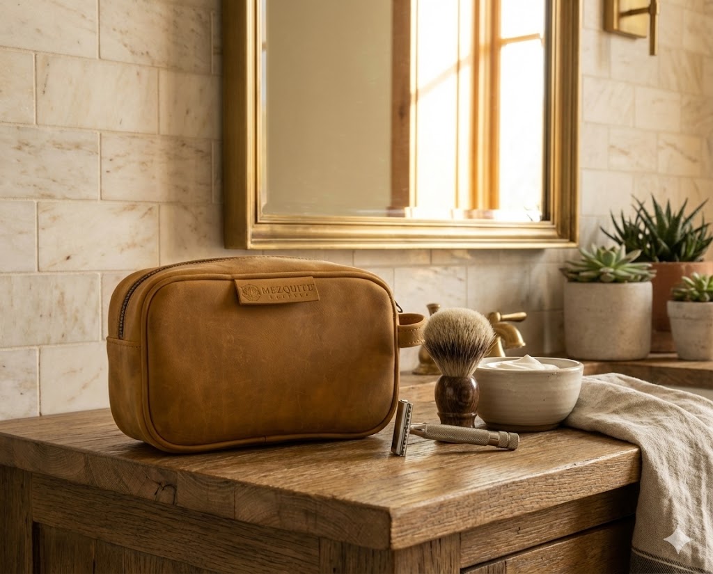 Full-grain black leather RIDGE cosmetic bag on a bathroom counter, shown beside grooming items while a man shaves in the mirror. Premium handcrafted toiletry bag designed for travel and daily grooming essentials.