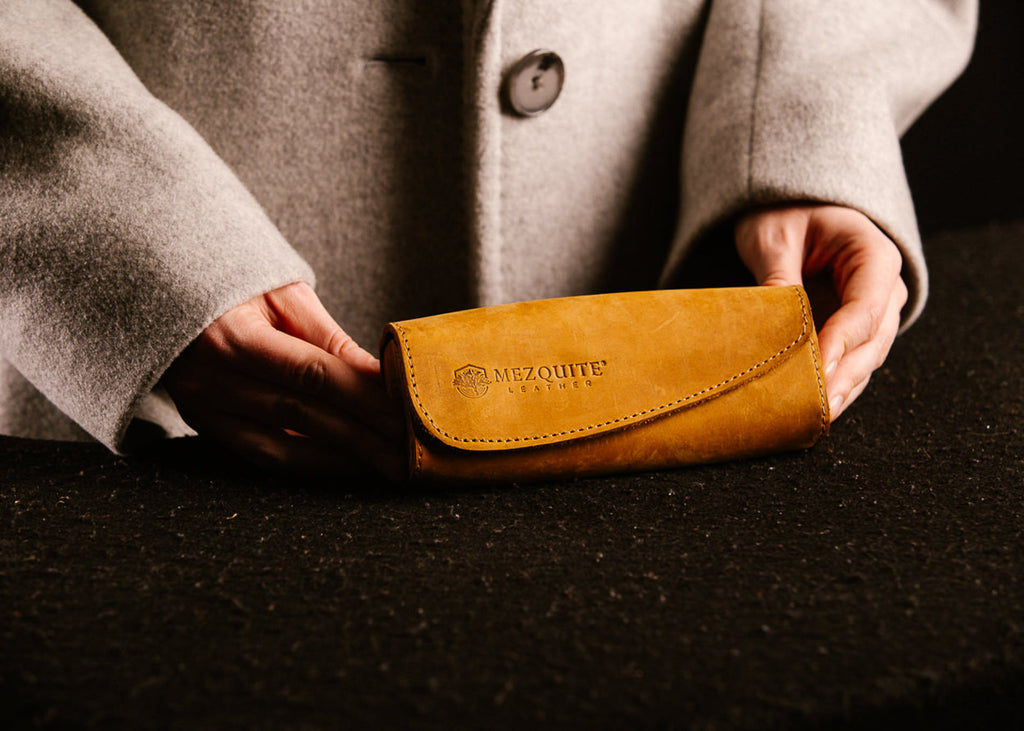 Handcrafted genuine leather glasses case by Mezquite Leather — sustainable luxury accessory made between Mexico and Canada.