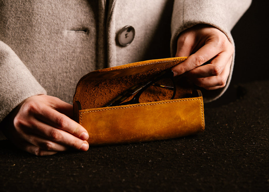 Handcrafted genuine leather glasses case by Mezquite Leather — sustainable luxury accessory made between Mexico and Canada.