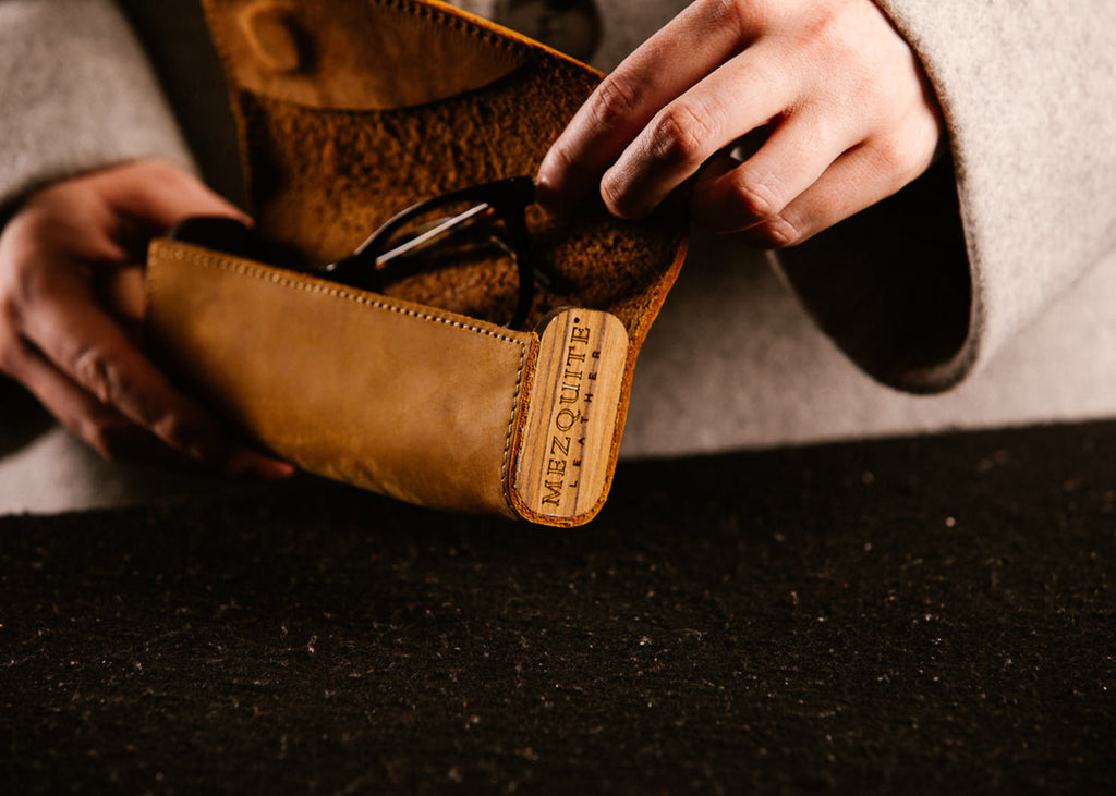 Handcrafted genuine leather glasses case by Mezquite Leather — sustainable luxury accessory made between Mexico and Canada.